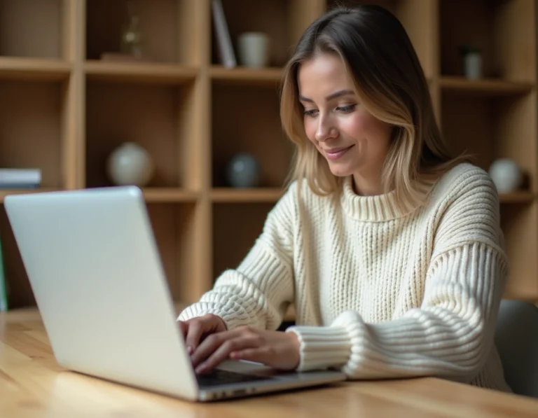 Femme naviguant sur un site de décoration intérieure depuis son bureau à domicile