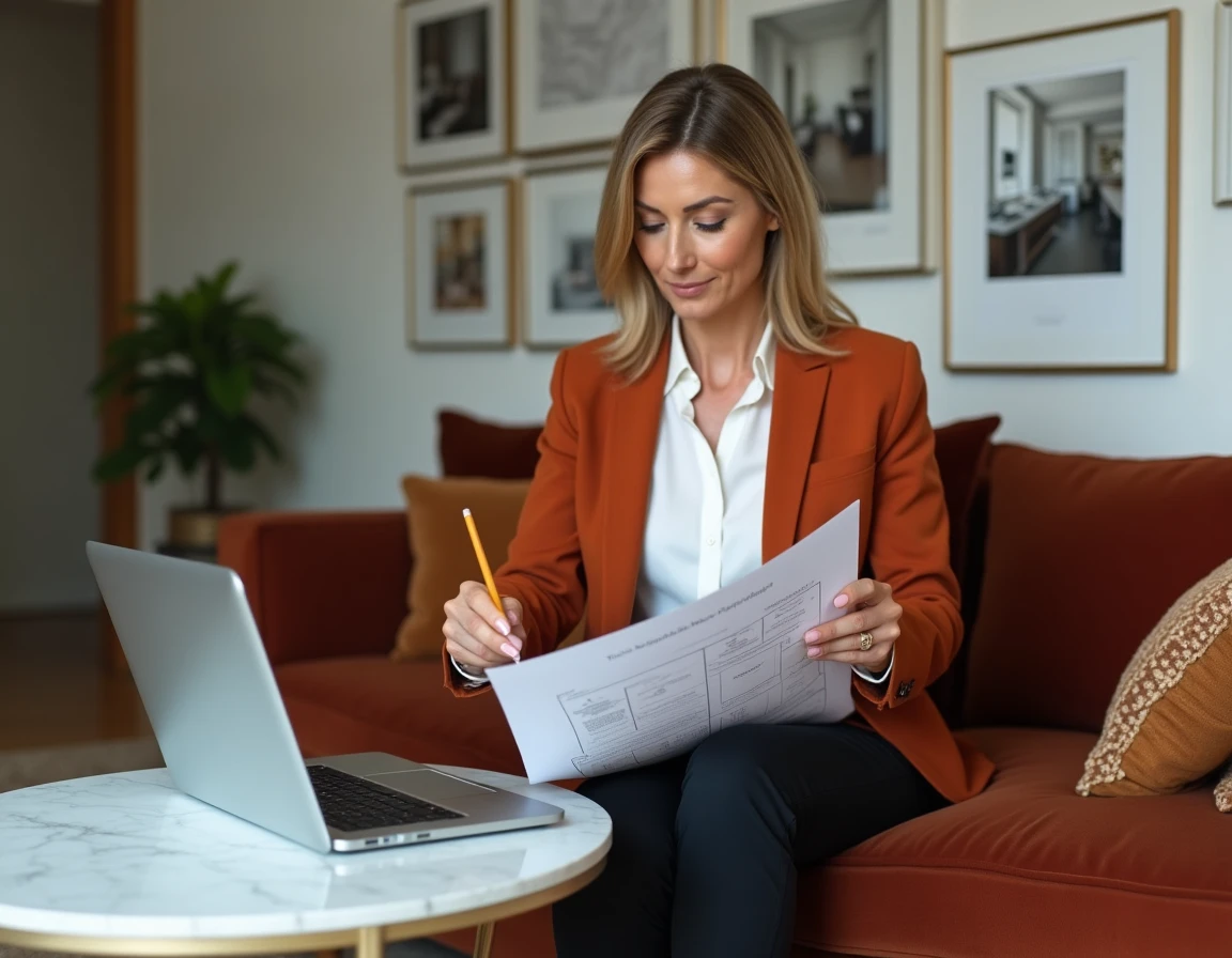 Femme analysant le plan de navigation d'un site de décoration dans un salon élégant