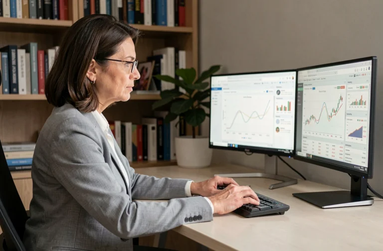 Femme professionnelle analysant des informations financières en ligne sur un double écran dans un bureau à domicile moderne
