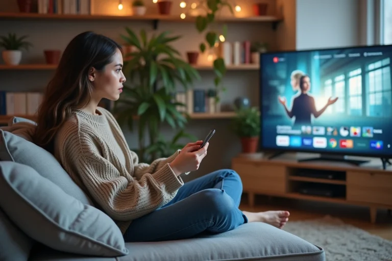 Jeune femme regardant la télévision dans un salon cosy