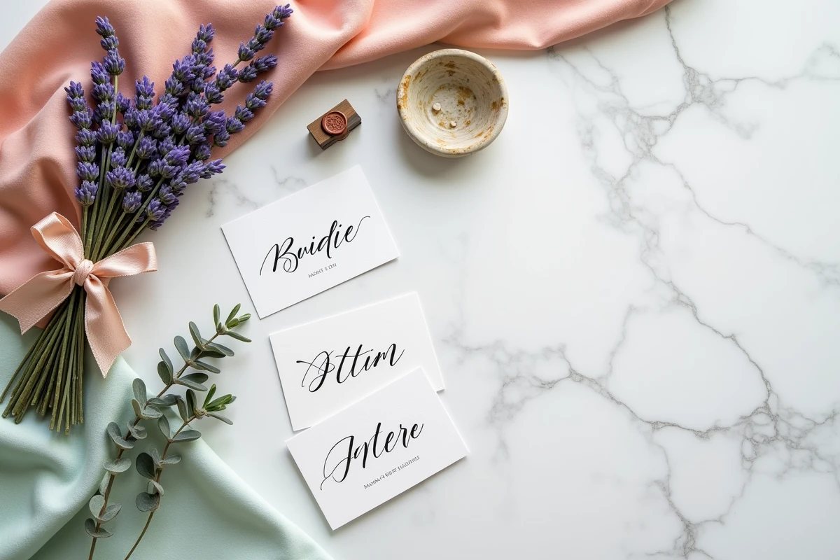 Flat-lay d'éléments de décoration de mariage avec faire-part manuscrits, rubans et fleurs séchées sur marbre
