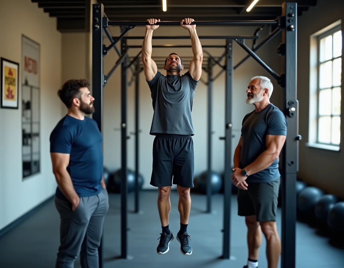 Groupe d'hommes d'âges différents autour d'une barre de traction dans une salle de fitness communautaire, l'un réussissant le mouvement