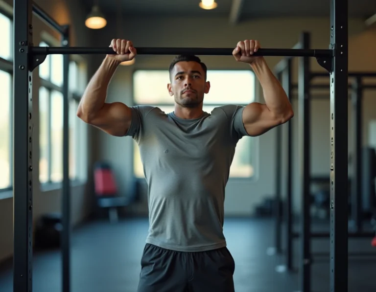 Homme en position suspendue à une barre de traction dans une salle de sport moderne, prêt à effectuer son premier mouvement