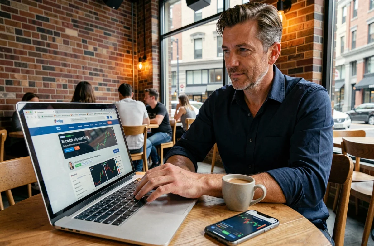 Homme consultant des informations financières en ligne sur un ordinateur portable dans un café urbain moderne