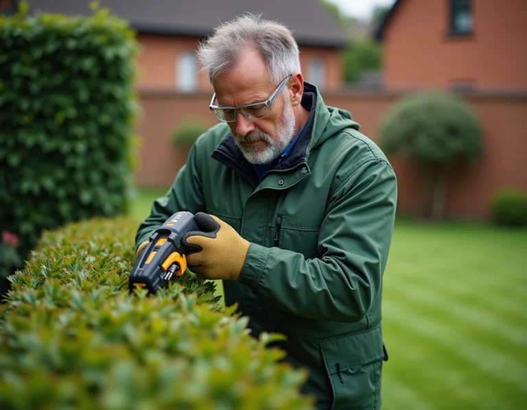 Homme utilisant une élagueuse électrique sans fil pour tailler une haie dans un jardin entretenu