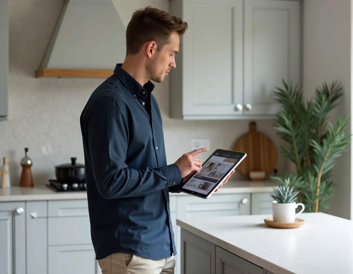 Homme consultant le plan d'un site de décoration intérieure sur une tablette dans une cuisine moderne