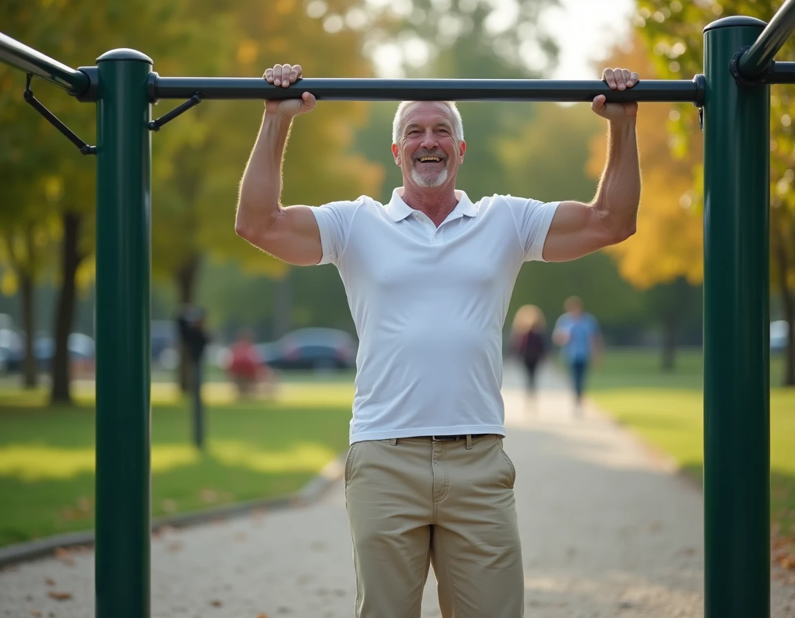 Homme d'âge moyen essayant de faire une traction sur un équipement de sport en plein air dans un parc urbain