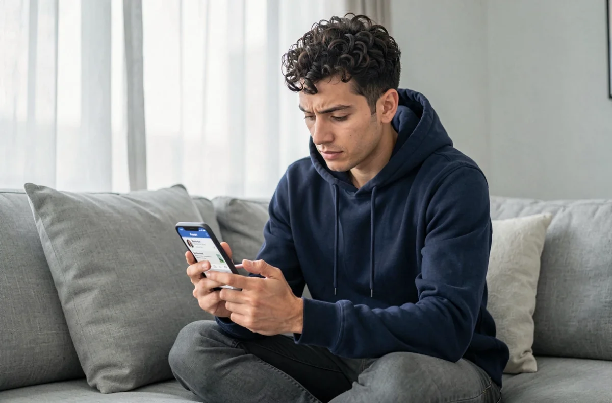 Homme vérifiant les partages de ses publications Facebook sur smartphone dans un salon moderne