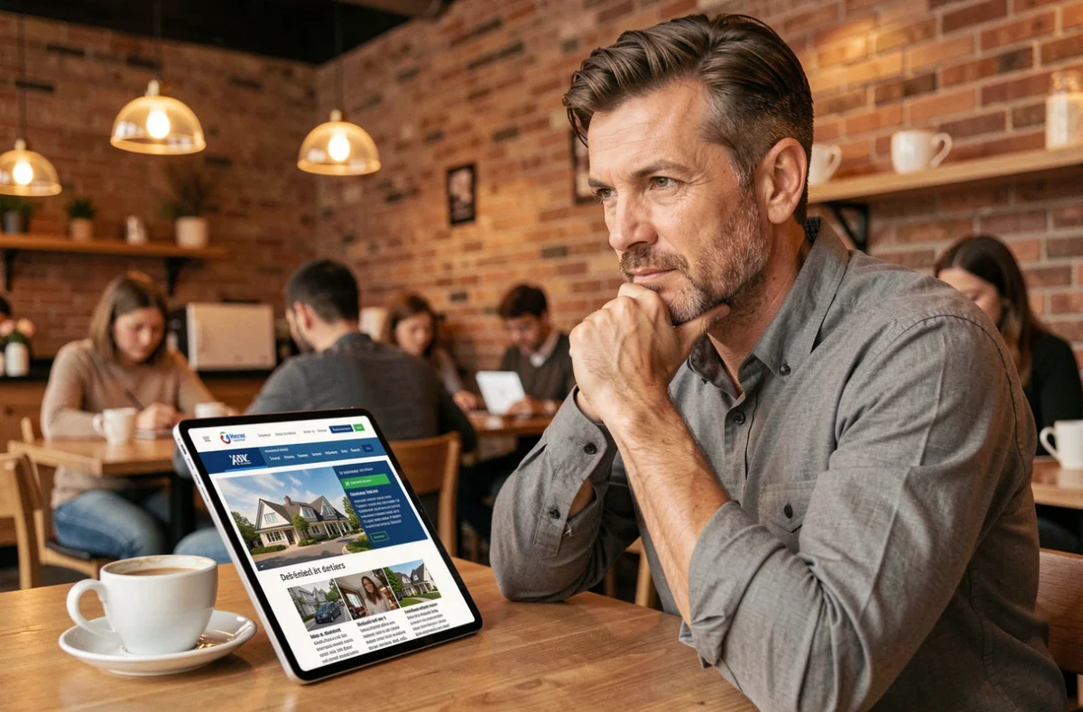 Journaliste immobilier consultant les actualités du marché immobilier français sur une tablette dans un espace de coworking