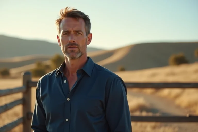 Portrait d'un homme d'une cinquantaine d'années posant devant un paysage californien typique avec une clôture en bois de ranch
