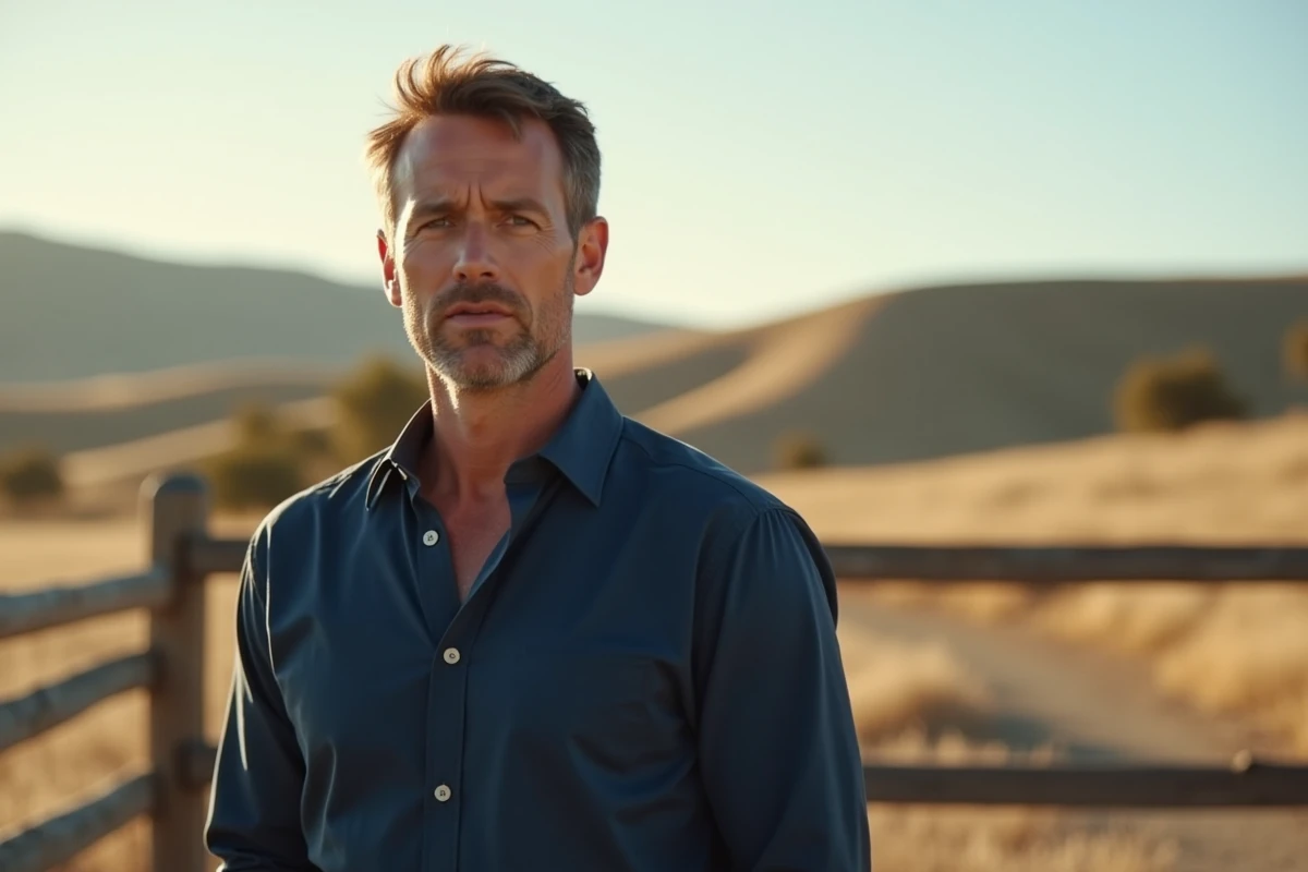 Portrait d'un homme d'une cinquantaine d'années posant devant un paysage californien typique avec une clôture en bois de ranch