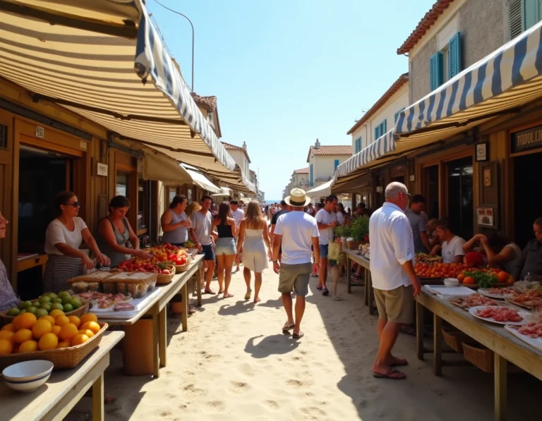Marché de Fort Mahon plage avec étals de producteurs locaux et visiteurs estivaux sous des auvents rayés bleu et blanc