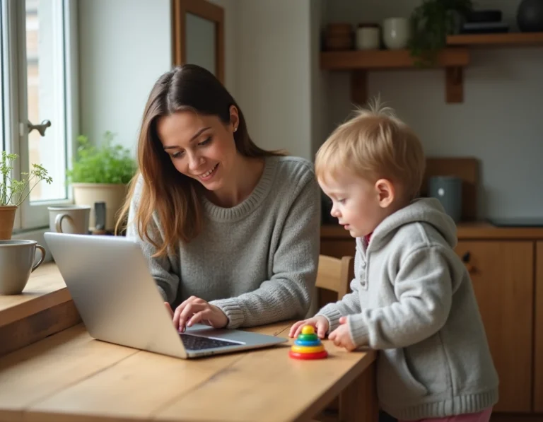 Mère utilisant son ordinateur portable pour consulter des ressources parentales en ligne pendant que son enfant joue à côté d'elle dans la cuisine