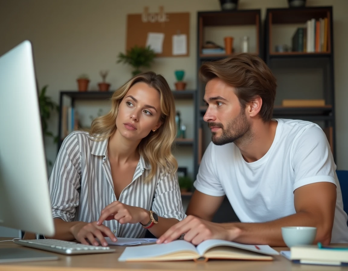 Couple de parents découvrant ensemble des ressources en ligne pour les accompagner dans leur quotidien devant un ordinateur de bureau