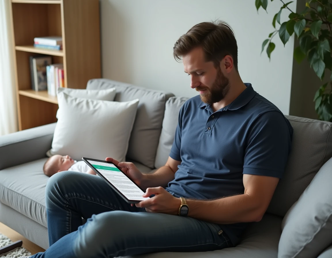 Père consultant une ressource parentale sur tablette dans le salon pendant que son bébé dort dans son berceau