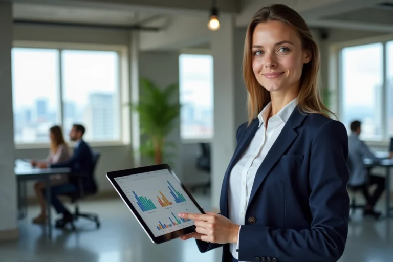 Jeune professionnelle en master MOSS tenant une tablette avec des données dans un bureau moderne ouvert