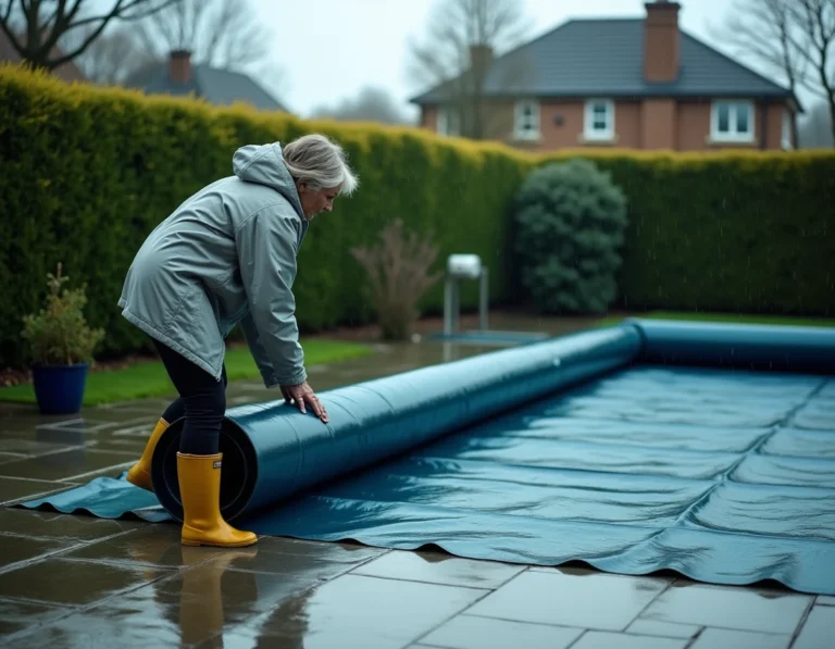 Femme installant une bâche de protection automatique sur une piscine rectangulaire sous la pluie dans un jardin de banlieue