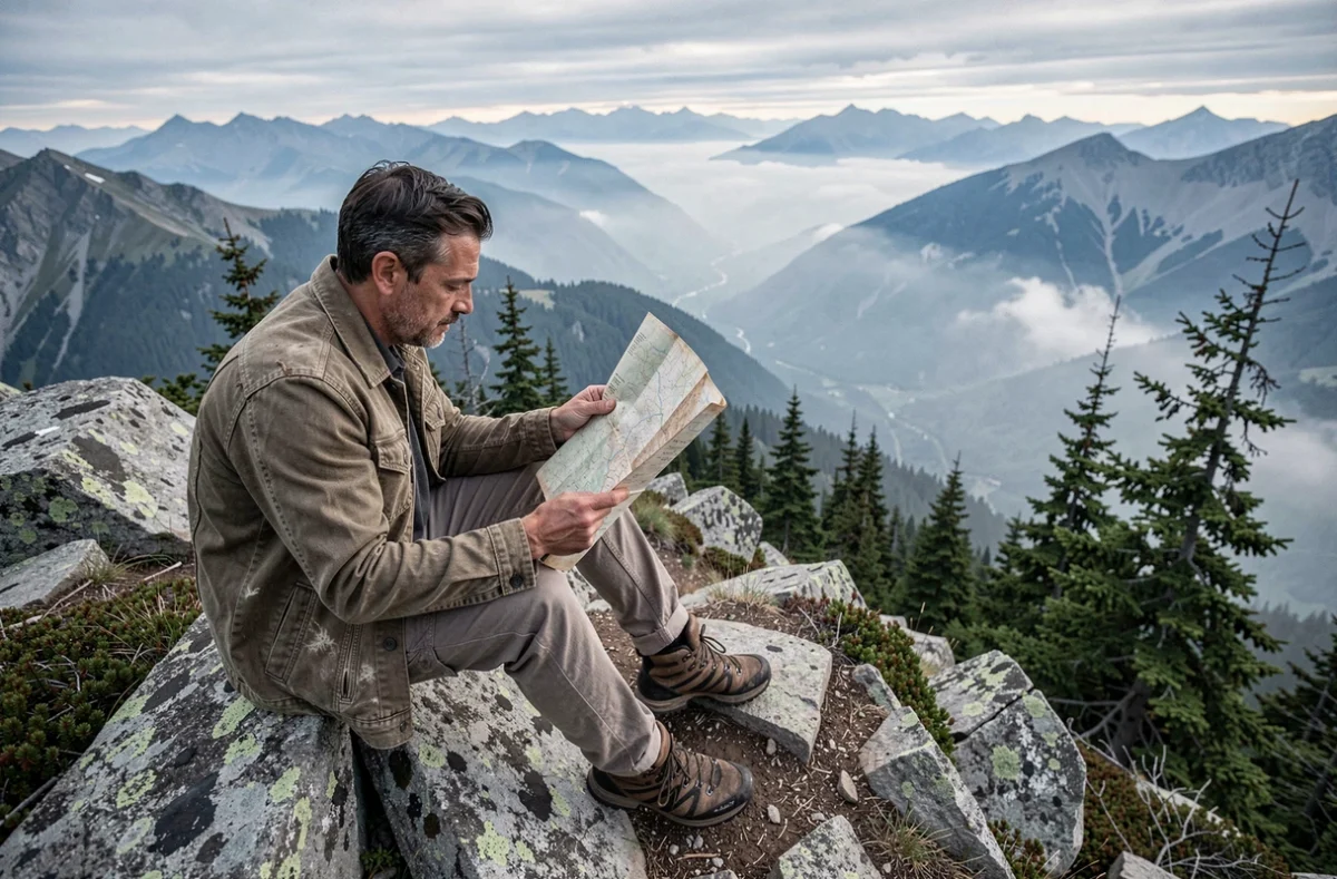 Randonneur en veste canvas étudiant une carte topographique sur une crête alpine lors d'une aventure en montagne