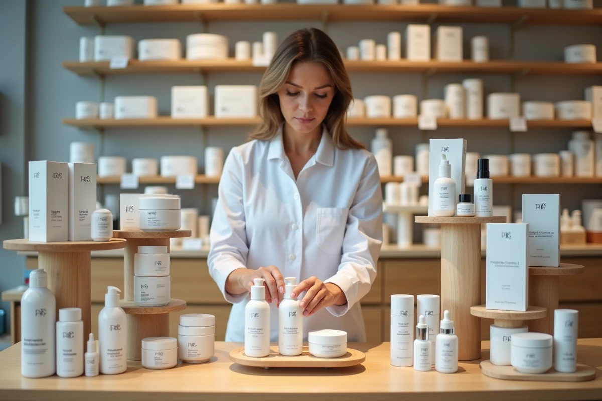 Rayon beauté en pharmacie française présentant plusieurs marques concurrentes de cosmétiques naturels