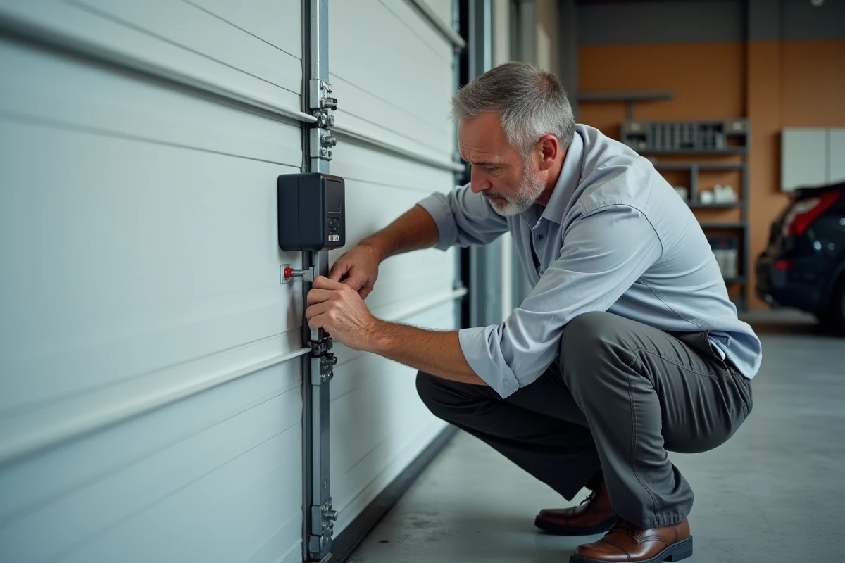Homme réinitialisant le moteur électrique d'une porte de garage La Toulousaine en appuyant sur le bouton de reset