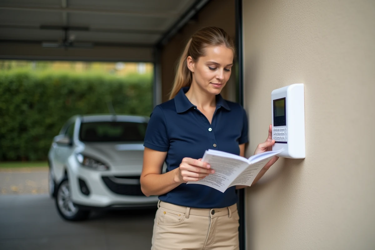 Femme consultant le manuel d'instructions pour réinitialiser la télécommande d'une porte de garage La Toulousaine