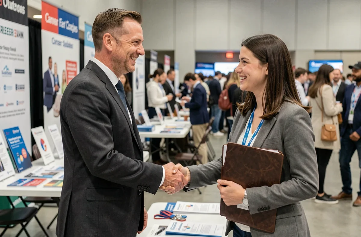 Recruteur serrant la main d'une candidate lors d'un salon de l'emploi professionnel