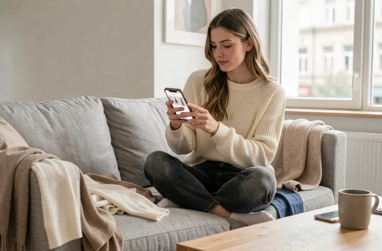 Jeune femme parcourant une application de shopping mode en ligne sur son smartphone, assise dans un salon minimaliste scandinave entourée de vêtements tendance