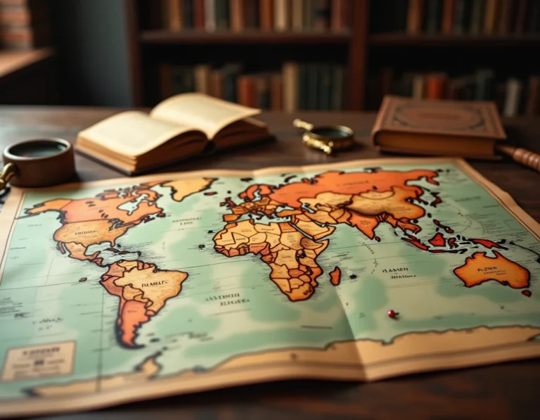 Carte du monde vintage sur table en bois avec le Sri Lanka mis en évidence par une épingle en laiton, entourée d'atlas et d'une loupe